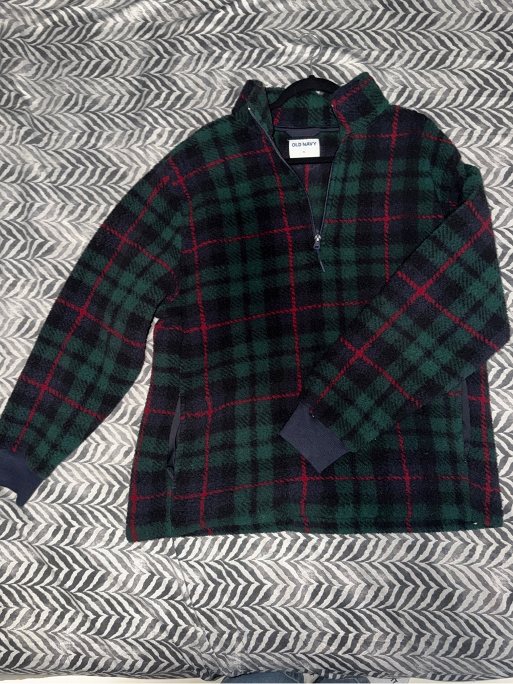 Old Navy Men’s Green, Black & Red Plaid Quarter-Zip Sweater